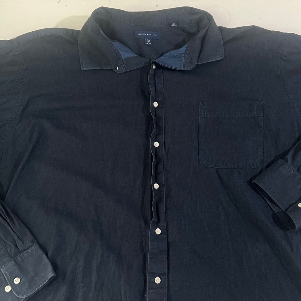 Tommy Hilfiger Mens Tall Long 20 36-37 Navy Blue Cotton Button Down Shirt